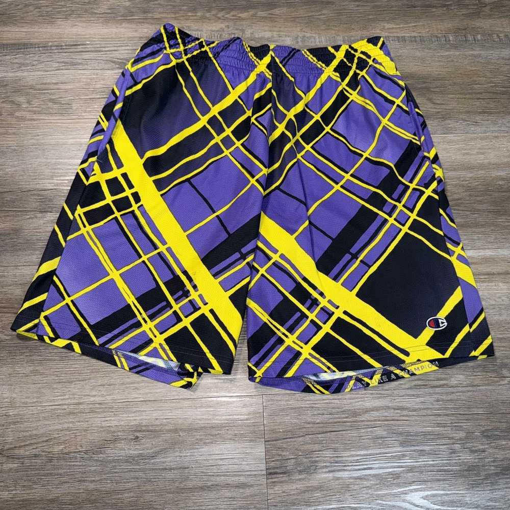 Champion Shorts Mens Medium Geometric Purple Yellow Plaid Design Lakers Colors